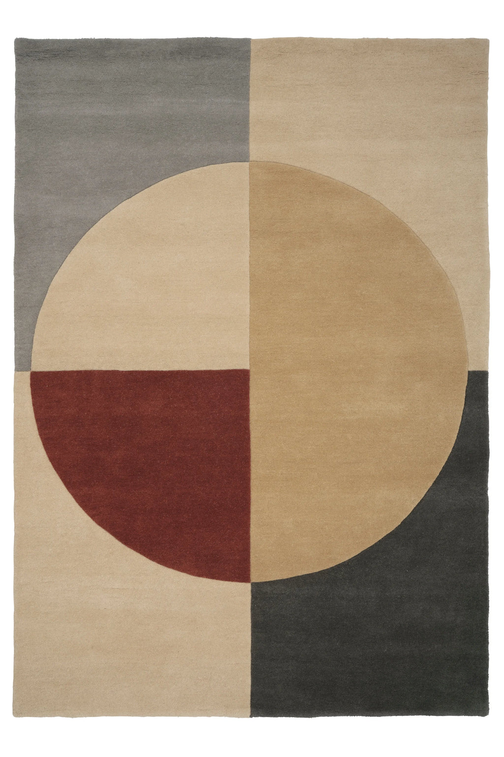 Linie Design Radiality Wool Rug, a contemporary geometric area rug featuring a striking color block design with a large central circle overlapping a segmented rectangular background.