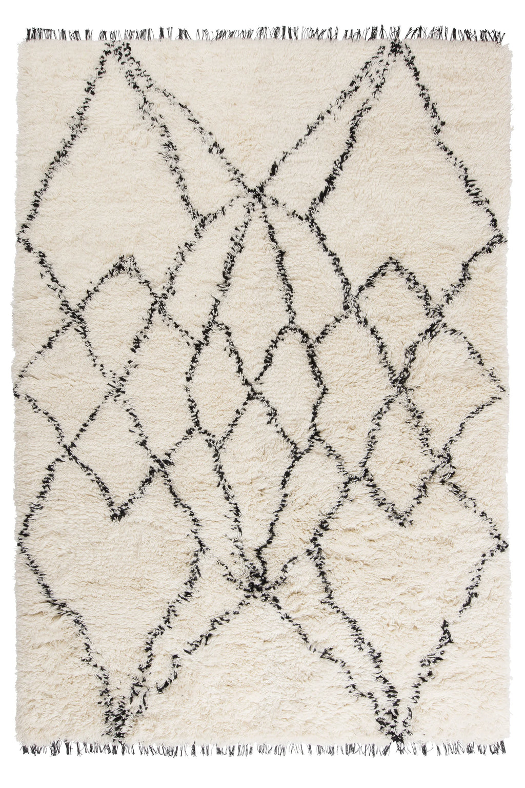 Linie Design Ruffle Wool Rug, a luxurious cream-colored area rug crafted from shaggy, high-pile wool, featuring an abstract black geometric lattice pattern with an organic, hand-.