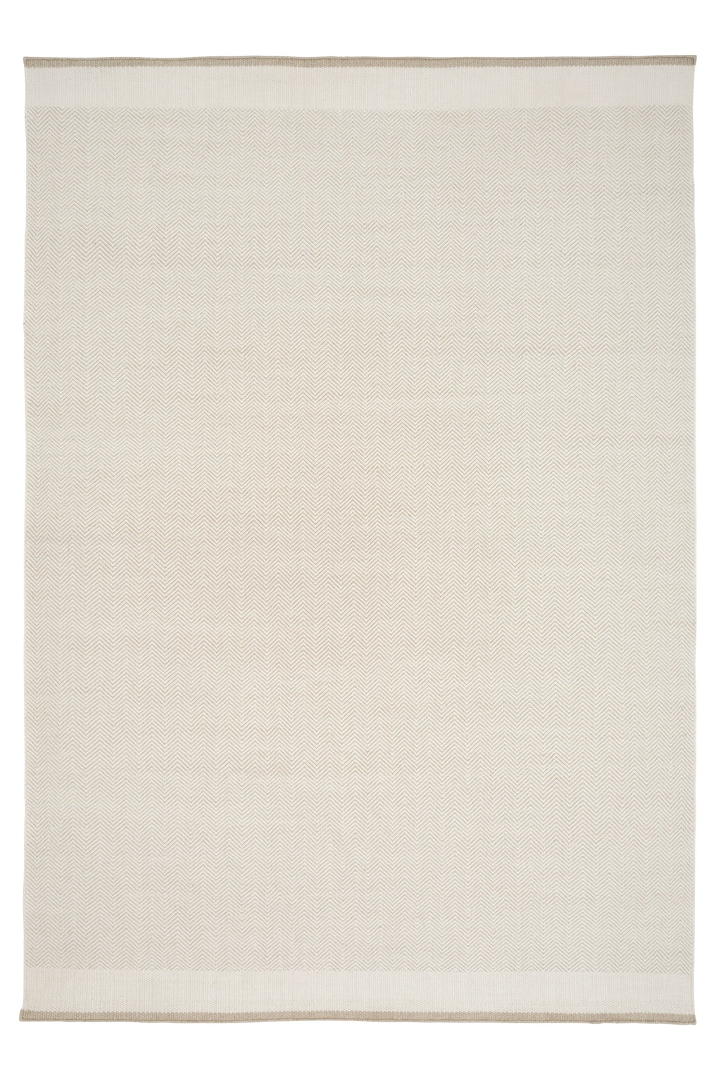 Linie Design Stratum Echo Wool Rug, a rectangular modern minimalist area rug featuring a subtle cream and light beige herringbone pattern across its plush, hand-woven wool surface. This natural undyed wool rug includes a clean, solid cream border with a fine beige edge. Ideal as a soft, neutral floor covering for Scandinavian living rooms, contemporary bedrooms, or organic modern spaces.