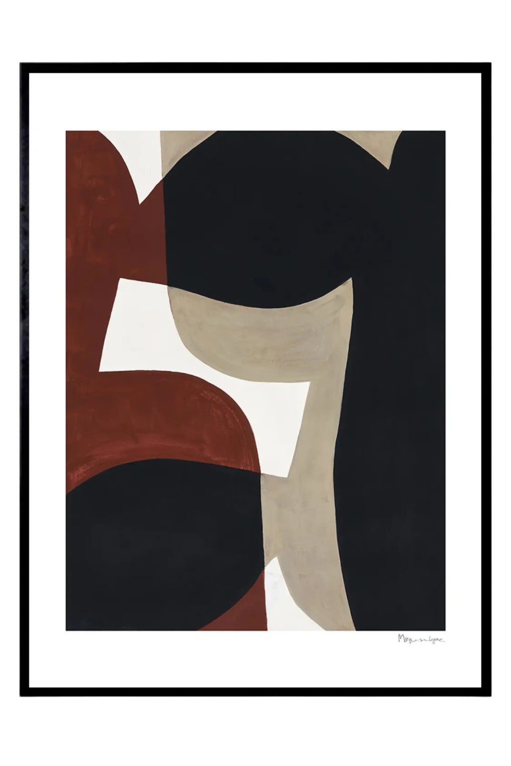 The Poster Club Connected Shapes No.1, a striking modern abstract art print composed of interlocking organic shapes in bold black, deep terracotta red, and warm beige, offset by crisp white elements.