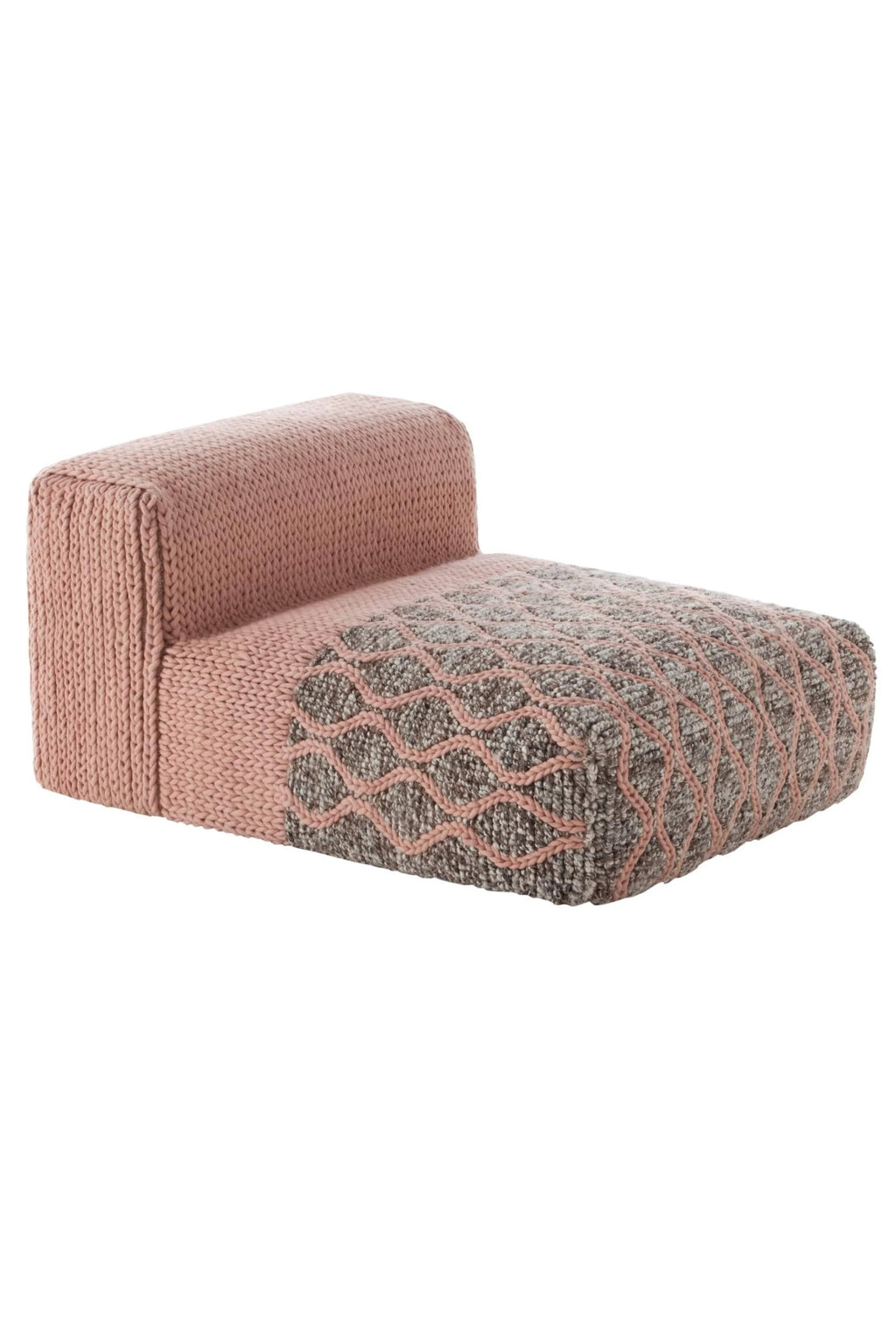 GAN Rugs Mangas Space Rhombus Lounge, a modern modular lounge chair featuring a plush, chunky knit wool upholstery in a soft dusty rose pink and mottled grey. It showcases a distinctive geometric rhombus pattern in pink cable knit across the grey seating area, contrasting with the solid pink knitted armrest/backrest.