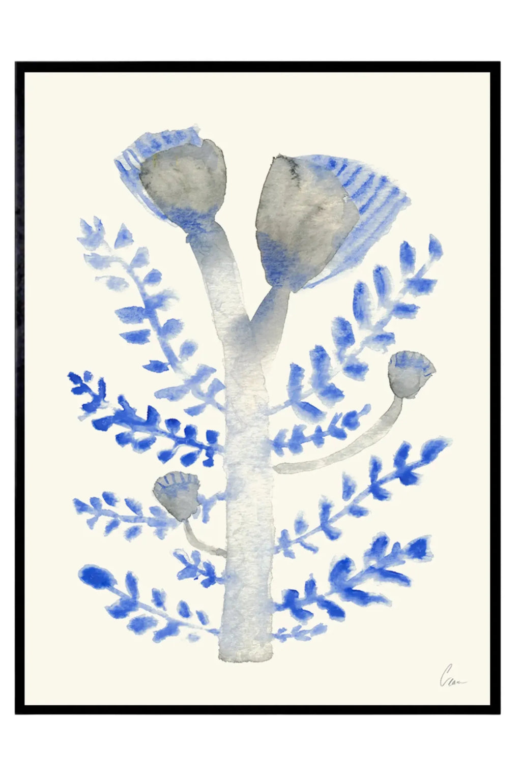 The Poster Club Januari, a minimalist organic modern watercolor art print featuring an abstract botanical plant rendered in vibrant cobalt blue and soft grey tones on a creamy off-white background, presented in a sleek black frame with a white mat. This contemporary framed wall art is perfect for adding a touch of Scandinavian elegance to living rooms, bedrooms, or gallery walls.