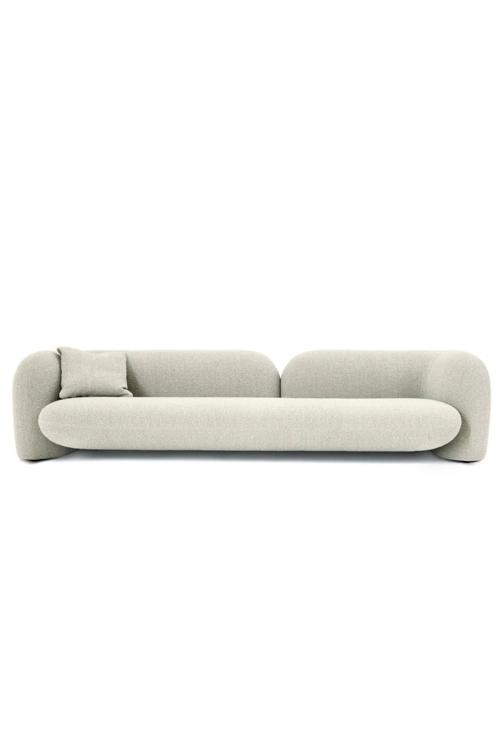Hessentia Gio Sofa, a luxurious organic modern sofa featuring a seamless, sculptural form with soft, rounded edges and a plush light grey textured fabric upholstery, complete with a matching accent pillow. This contemporary curved sofa offers inviting comfort and sophisticated design. It is ideal for minimalist living rooms, design-forward spaces, or as a statement piece in an organic modern interior.