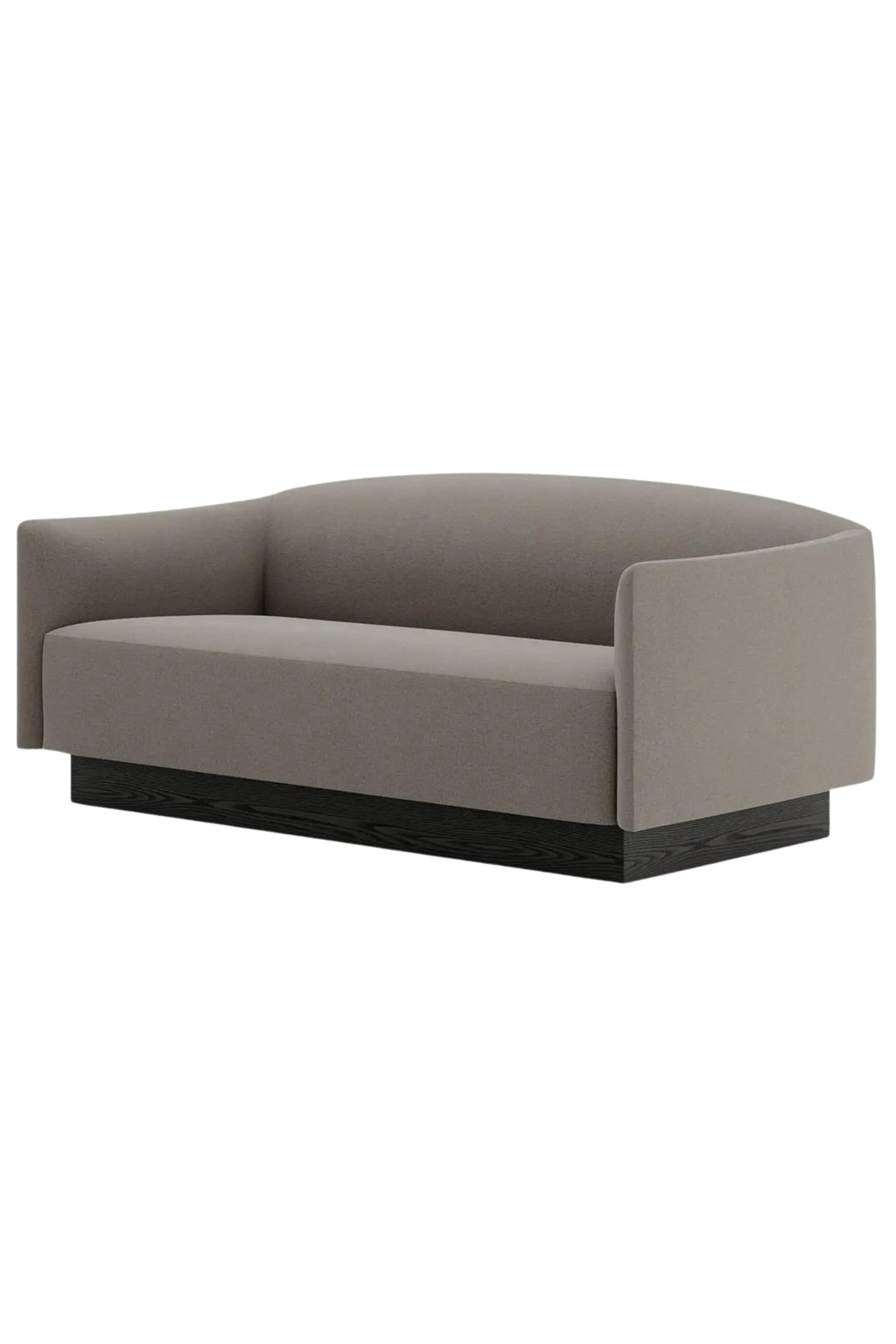 New Works Shore Sofa 2-Seater - Plinth, a contemporary 2-seater sofa featuring a gently curved back and armrests upholstered in a textured light taupe fabric. It rests on a distinct, architectural dark espresso wood plinth base with visible wood grain, creating a modern minimalist profile. Ideal as a stylish apartment sofa or a statement piece for organic modern living rooms and sophisticated lounge areas.