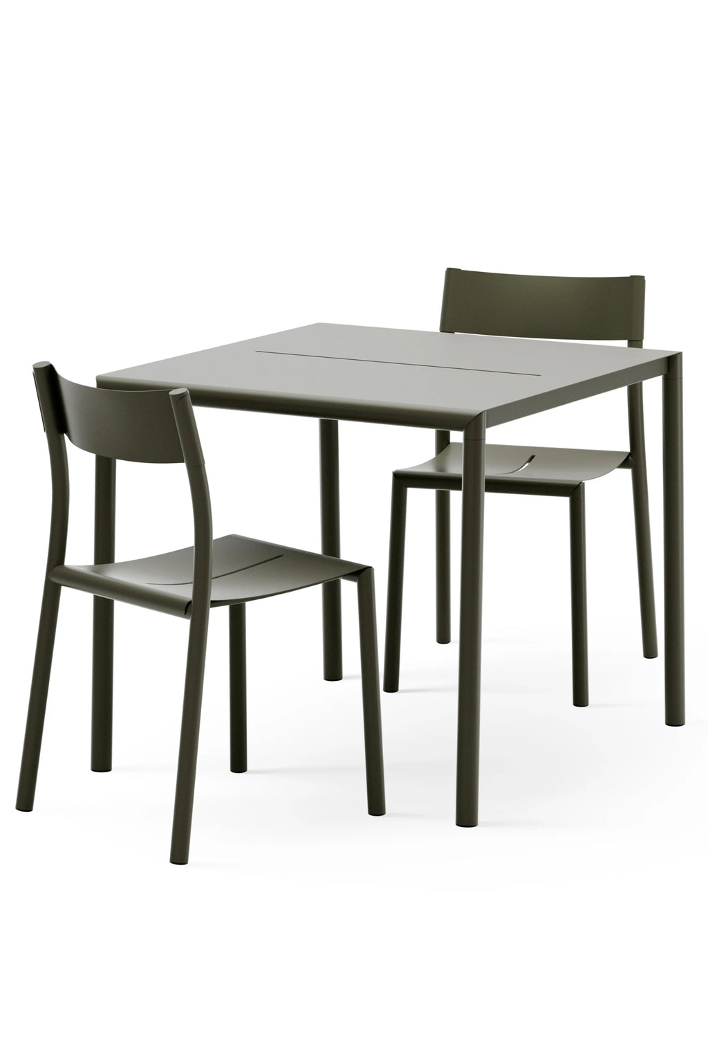 New Works Outdoor May Furniture Set for 2 Persons, a sleek modern minimalist outdoor dining set crafted from durable dark olive green powder-coated metal, featuring a compact rectangular table with a subtle central seam and two matching chairs with gently curved seats and backrests. This contemporary metal patio set is perfect for small balconies, urban outdoor living spaces, or intimate garden dining.