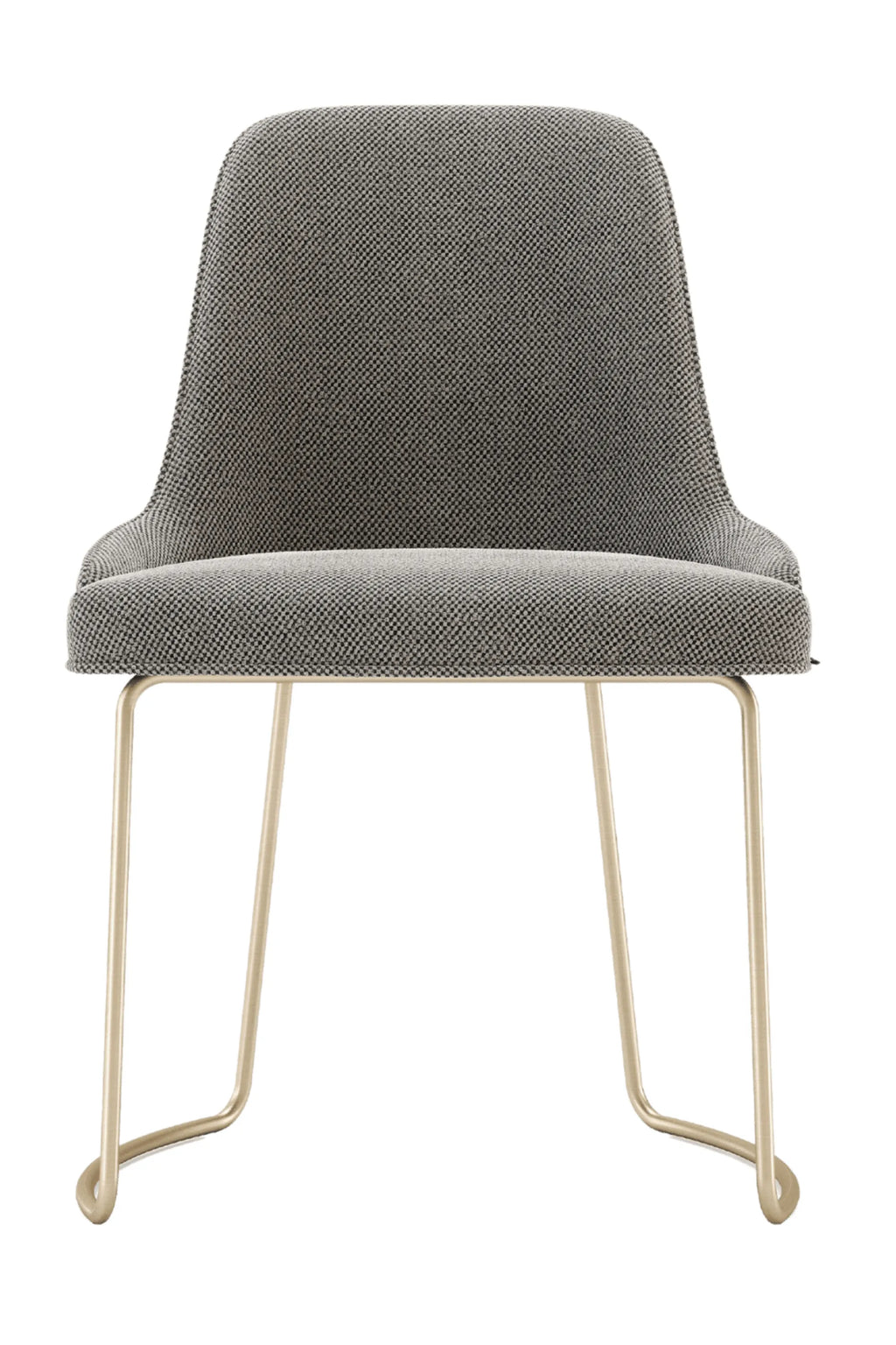 Domkapa Anna Chair - Metal, a modern minimalist dining chair upholstered in a grey and black speckled woven fabric with a gently curved silhouette and plush seating. It features sleek, U-shaped champagne gold metal legs, offering a contemporary and elegant design. Perfect as a stylish dining room chair or accent seating in modern living spaces.