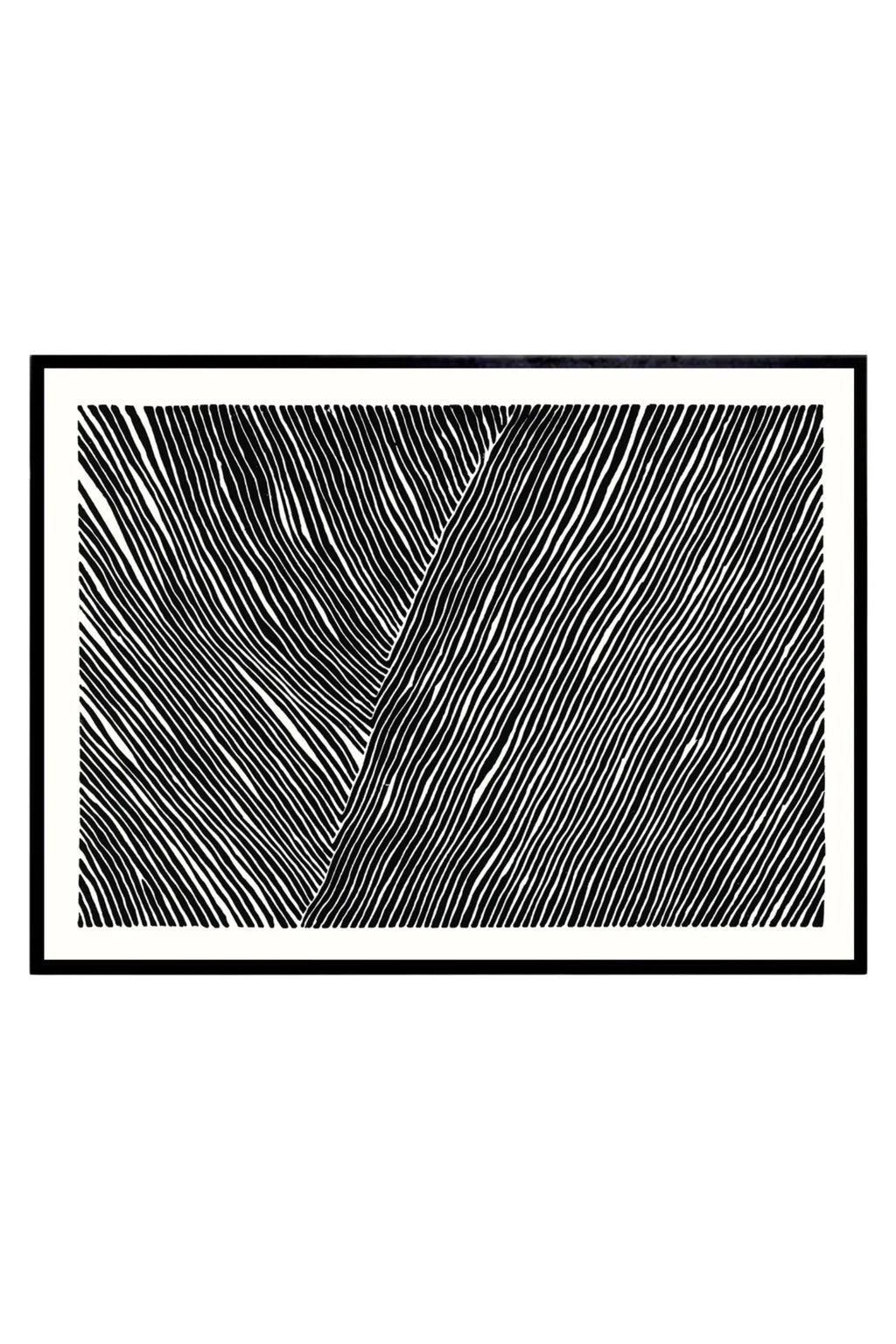 The Poster Club The Line no. 01, a striking black and white abstract art print featuring a dynamic composition of flowing, hand-drawn linear patterns that create a sense of movement and depth.