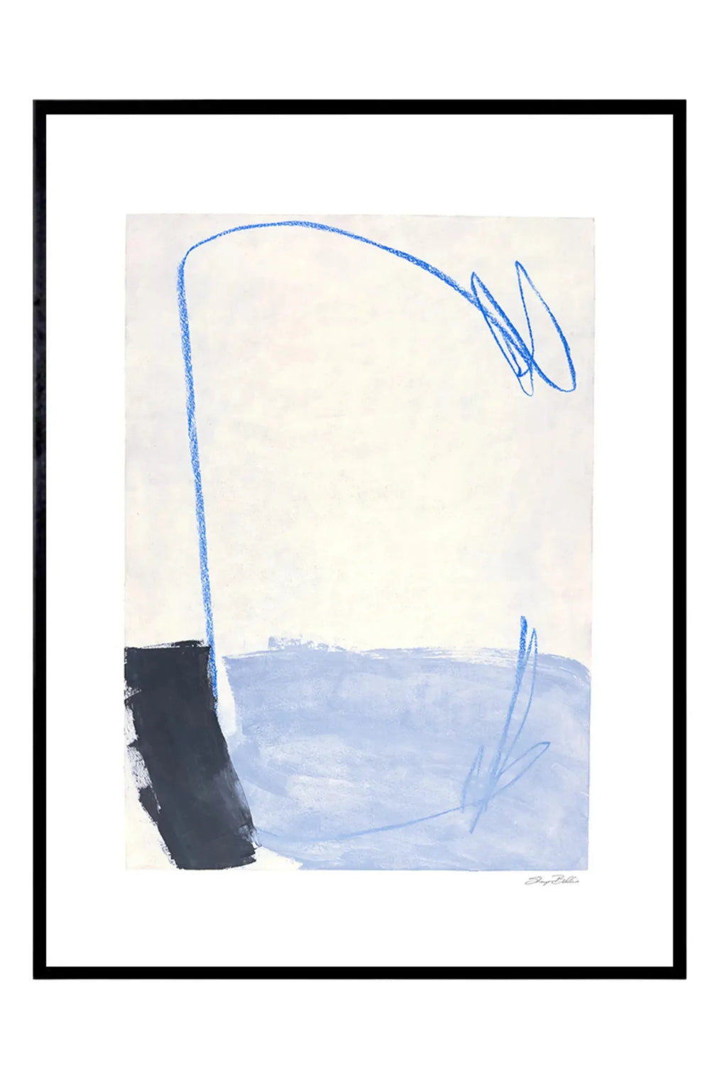 The Poster Club Kevät Saapuu, a modern abstract art print featuring a cream-colored background with a wide, textured light blue brushstroke and a dark charcoal grey block at the bottom. A vibrant electric blue crayon-like line creates an expressive, looping gesture across the composition, framed within a sleek black frame and white mat. Perfect as contemporary wall art for minimalist living rooms, modern bedrooms, or a curated gallery wall.