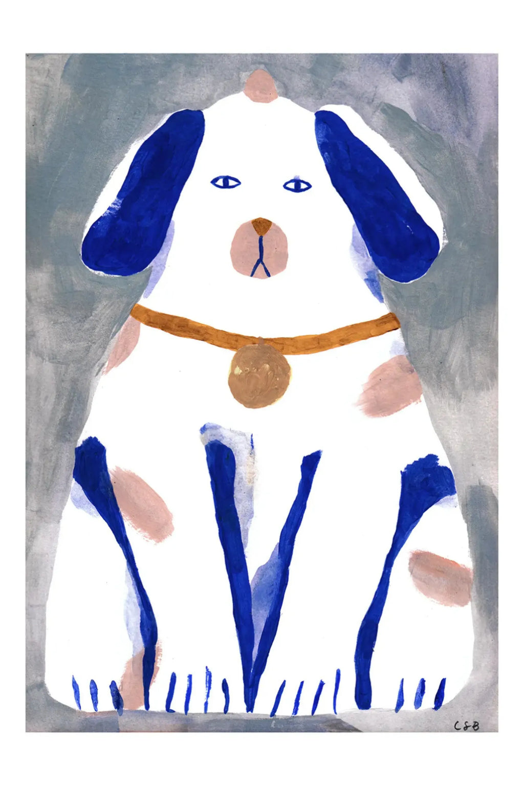 The Poster Club Guardian Dog, a playful abstract art print featuring a stylized dog illustration with bold royal blue ears and legs, soft blush pink spots, and a warm caramel collar against a white body. The dog's minimalist features and textured brushstrokes are set against a muted blue-grey background. Perfect as modern wall art for a children's room, nursery decor, or a whimsical accent in a contemporary living space.