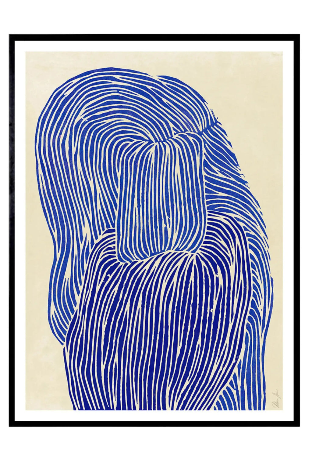 The Poster Club Deep Blue, an abstract art print featuring bold royal blue organic line art with a subtle texture, creating flowing shapes against a warm off-white background, presented in a sleek black frame. This minimalist contemporary poster is perfect for adding a pop of color to a modern living room, Scandinavian bedroom, or gallery wall.