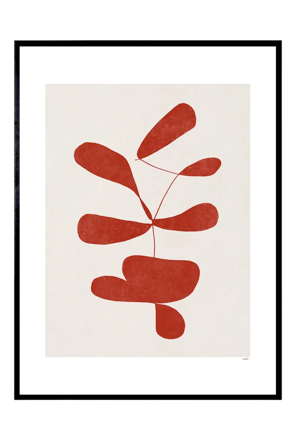 The Poster Club Botanik I, an organic abstract art print featuring fluid terracotta red biomorphic shapes with a subtle textured finish against a soft off-white background, framed in a sleek matte black wood.