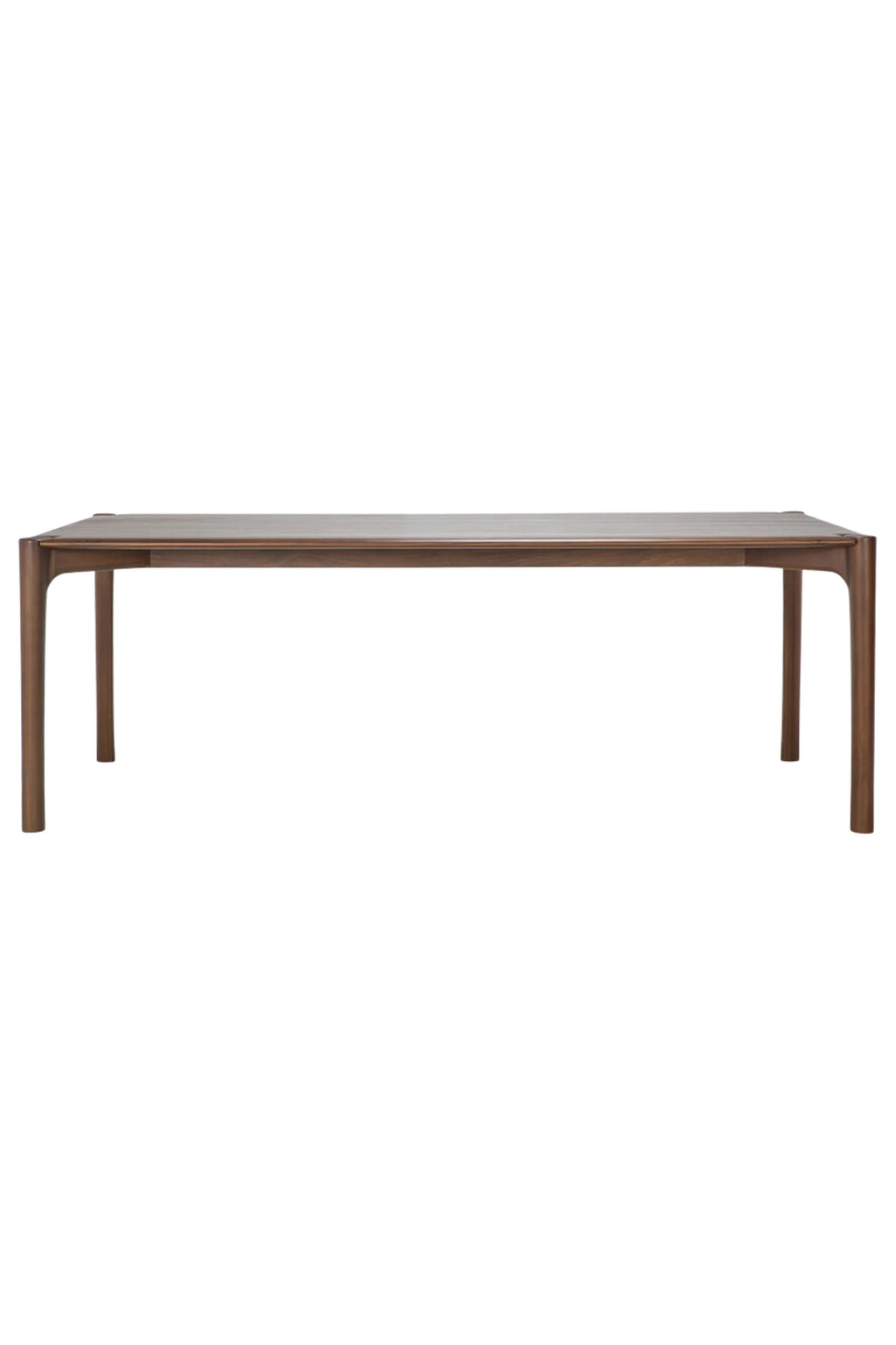 Ethnicraft PI Dining Table, a modern minimalist rectangular dining table crafted from rich dark solid wood, featuring a smooth wood grain surface, elegantly rounded edges, and sturdy, clean-lined legs. This versatile contemporary wood dining table is ideal for sophisticated dining rooms or open-plan living spaces.