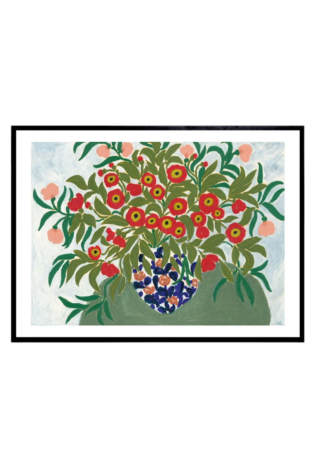 The Poster Club Table Flowers, a vibrant abstract floral art print featuring bold red flowers with yellow centers, dark green leaves, and light pink accents, arranged in a patterned blue and orange vase against a light blue background. This colorful still life painting style print is presented in a sleek black frame with a white mat, ideal as modern wall art for a living room, dining room, or a contemporary gallery wall.