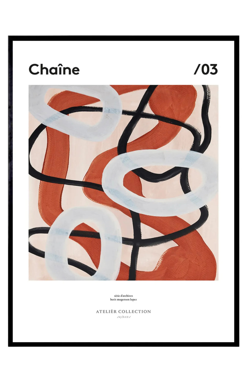 The Poster Club Chaine, a contemporary abstract art print showcasing organic intertwining shapes in bold terracotta, black, and white brushstrokes with a painterly texture against a pale beige background, framed in minimalist matte.