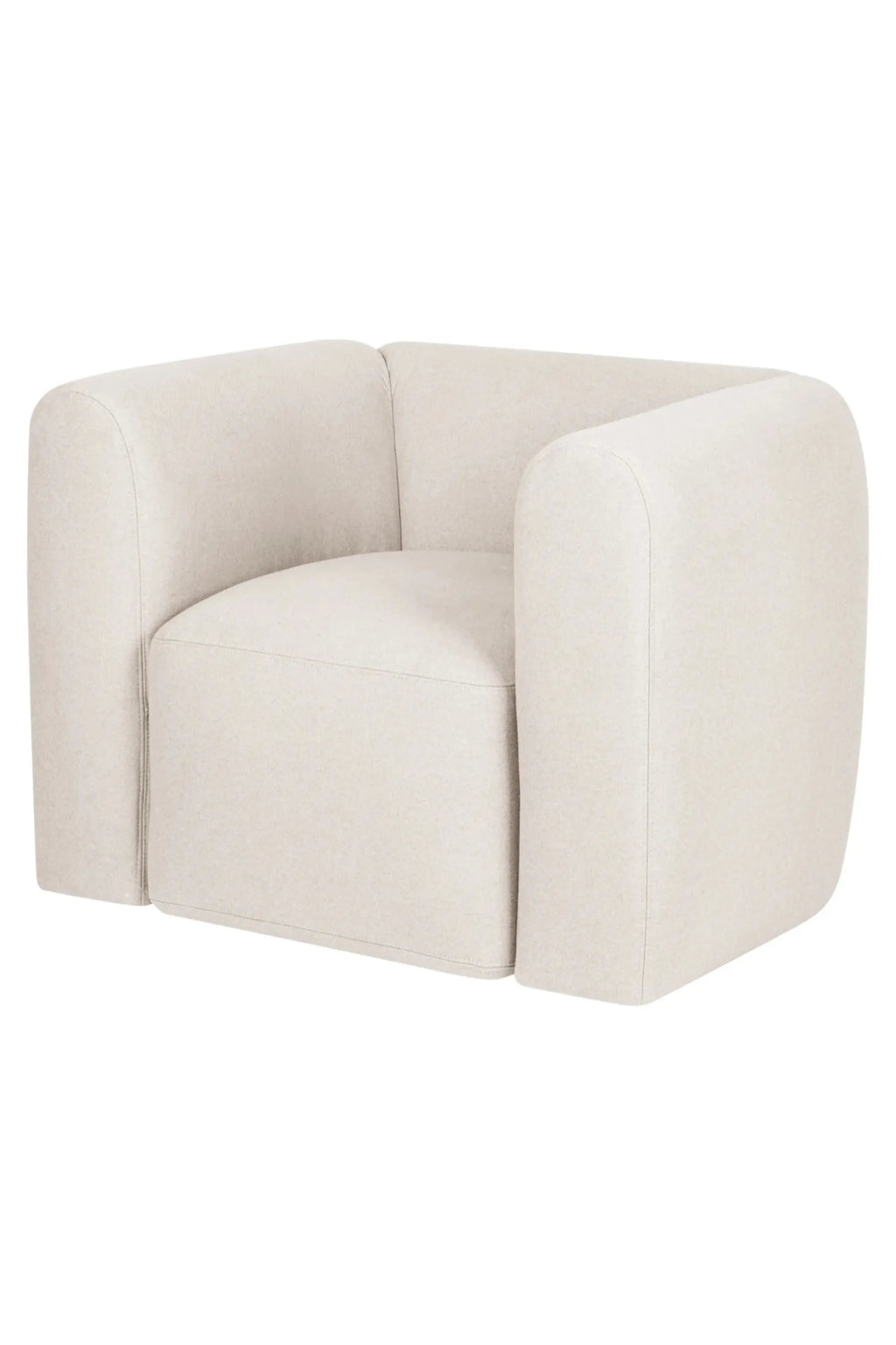 noo.ma Flom Armchair, a contemporary upholstered lounge chair in a soft off-white textured bouclé fabric, featuring a rounded silhouette with curved arms and a plush, inviting design. This organic modern accent chair is perfect for a minimalist living room, cozy reading nook, or stylish bedroom.