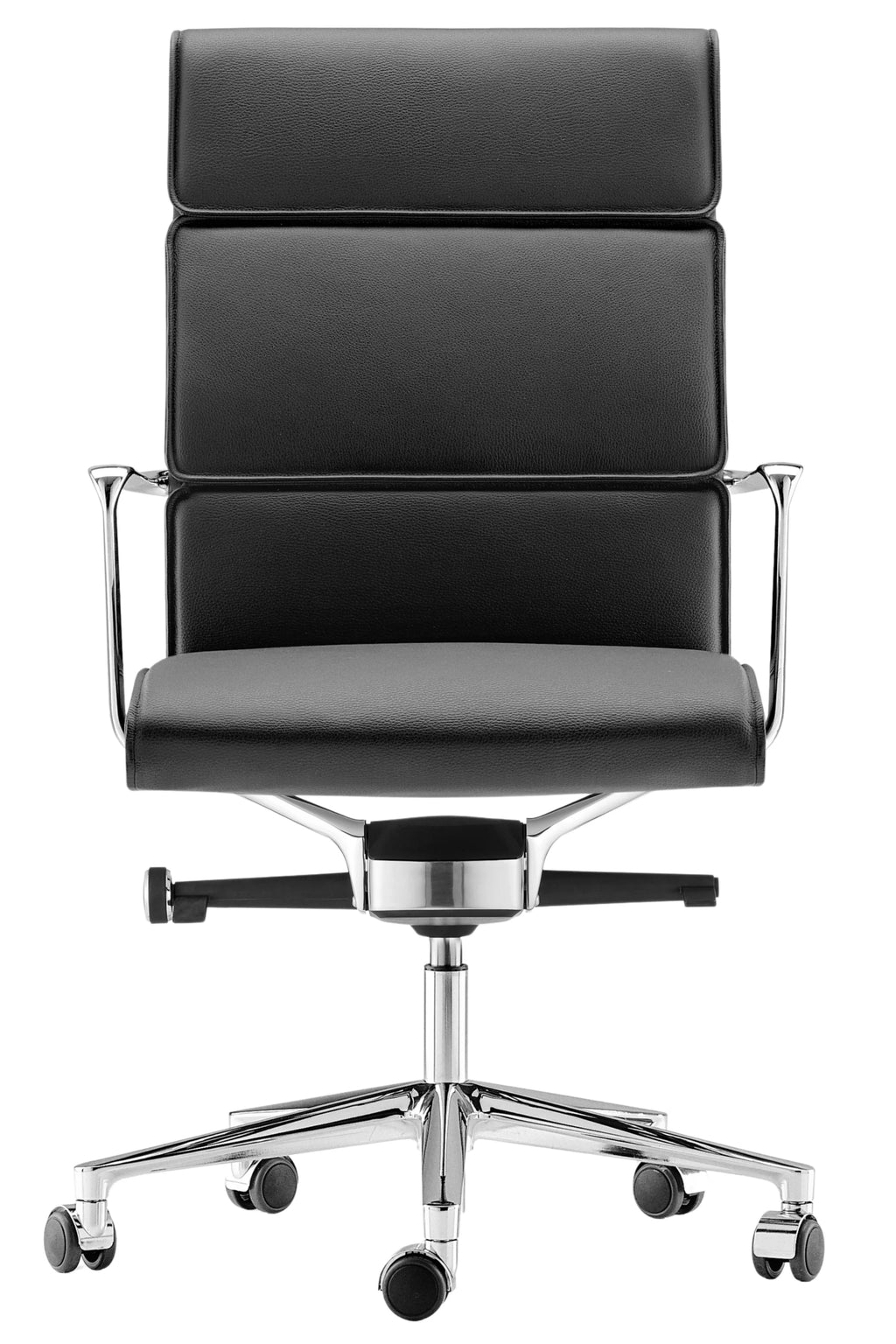 ICF Una Executive Office Chair, a sleek modern desk chair featuring luxurious black leather upholstery with a distinctive ribbed design on the backrest and seat, complemented by polished chrome armrests and a five-star caster base. This contemporary ergonomic office chair is perfect for a professional home office or executive boardroom, offering both style and comfort.