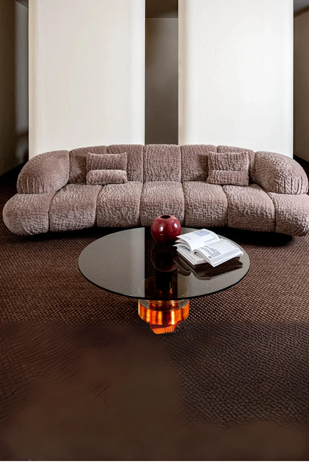 Hessentia Kiro Long Sofa, a luxurious contemporary modular sofa featuring plush, textured mauve upholstery with a distinctive bouclé-style rippled surface and deep, inviting seating.