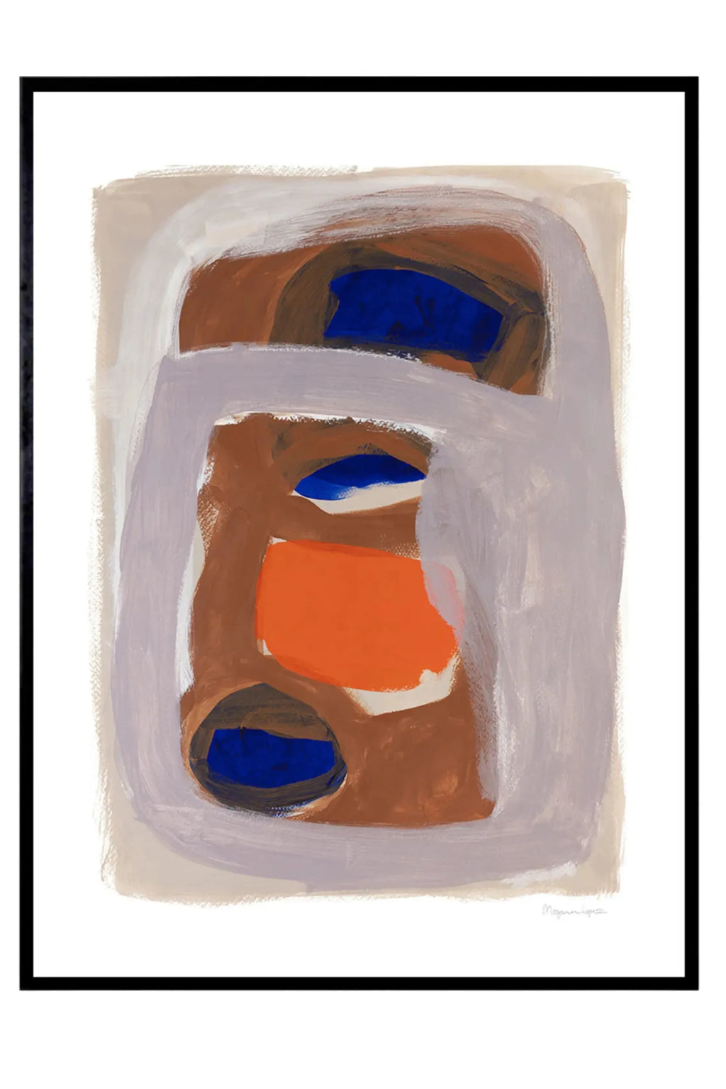 The Poster Club Outline, a contemporary abstract art print featuring layered organic shapes and bold brushstrokes in a palette of warm brown, vibrant royal blue, bright orange, and soft grey, set against an off-white background. This framed art print comes with a crisp white mat and a sleek black frame. Ideal for adding an organic modern touch to living room walls, bedrooms, or gallery wall art arrangements.