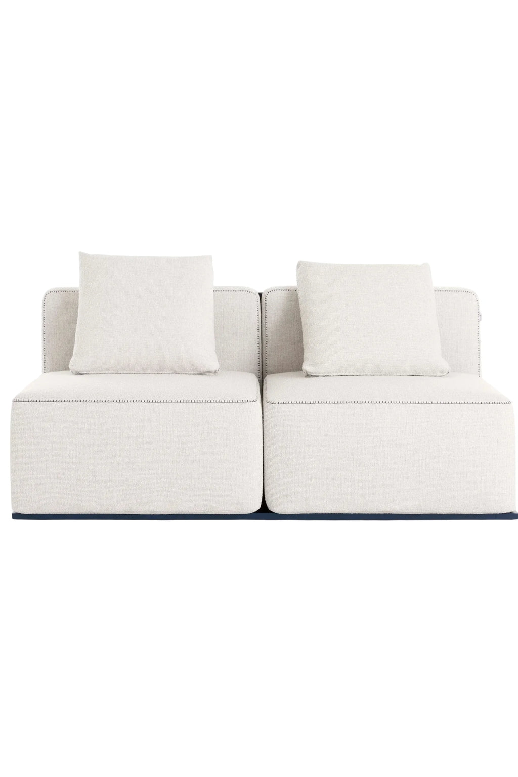 Gandia Blasco Islablanca Outdoor Sofa - Sectional 4, a modern minimalist modular outdoor sofa featuring cream-colored textured weather-resistant fabric upholstery with distinctive dark contrast stitching and a sleek low-profile dark navy base. This contemporary sectional, complete with two matching back cushions, is perfect for luxurious patio furniture, stylish deck seating, or a sophisticated outdoor living space.