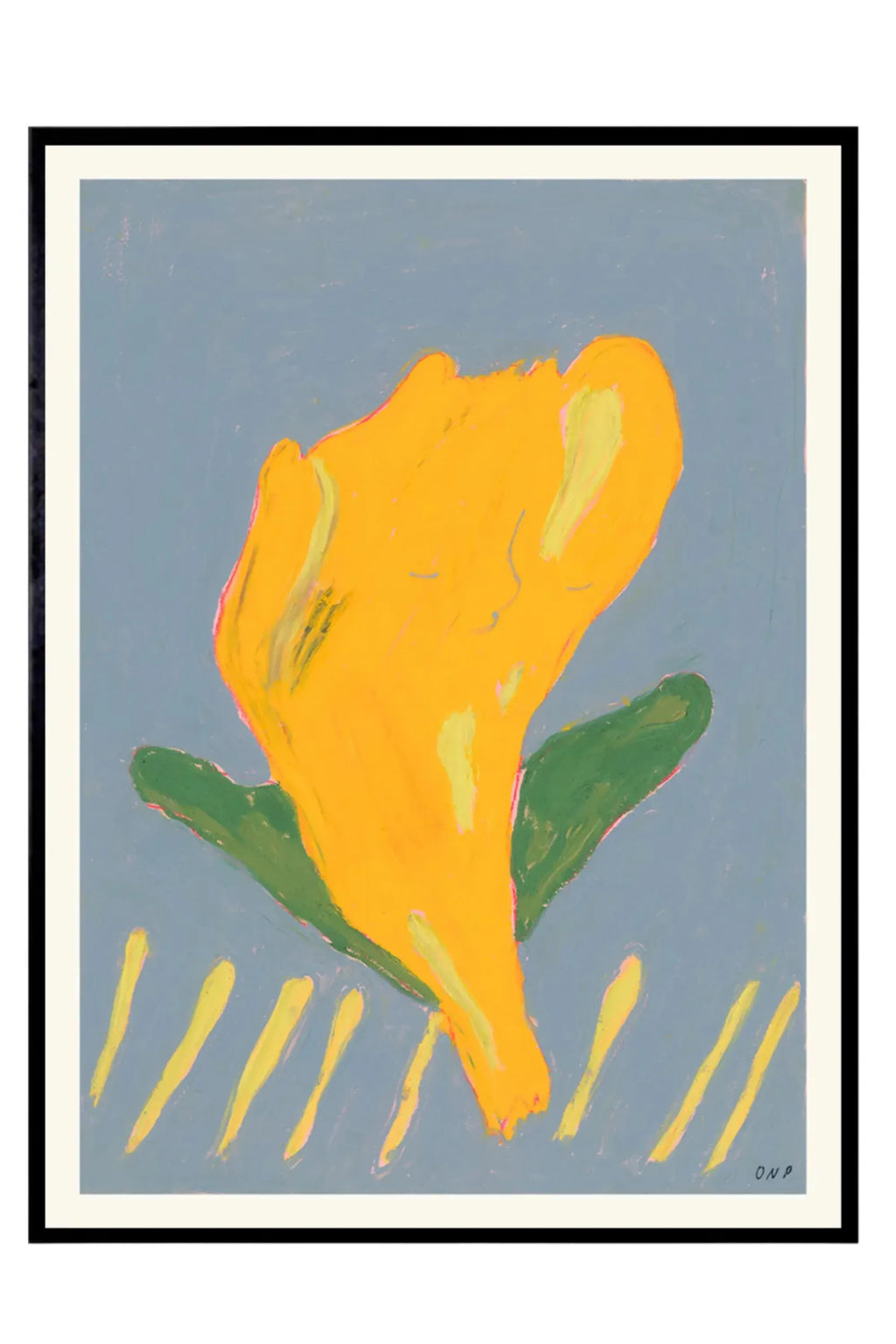 The Poster Club Lille Gule, an abstract floral art print featuring a vibrant yellow flower-like shape with subtle green leaves and pale yellow highlights, rendered in a textured pastel style against a soft blue.