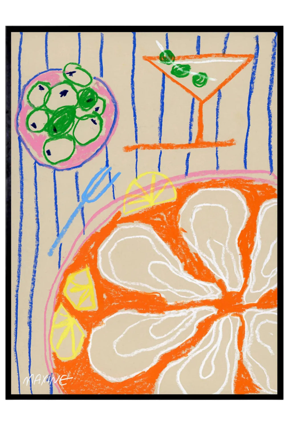 The Poster Club Martini and Oysters, a vibrant abstract art print featuring a playful still life with a bold orange martini glass, a pink plate of green olives or oysters, and a large citrus slice on a beige background with royal blue stripes.