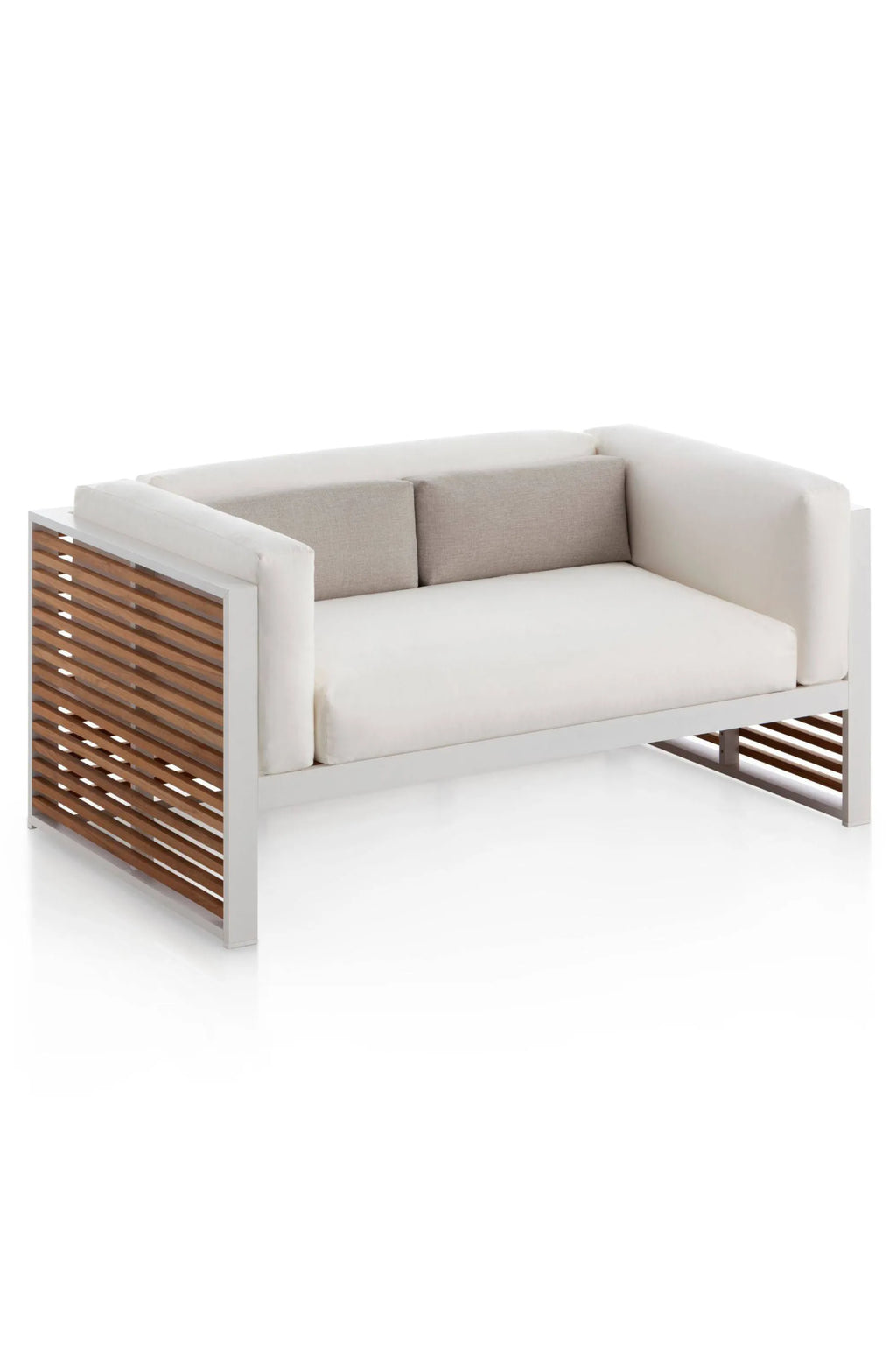 Gandia Blasco DNA Teak 2-Seat Sofa, a modern outdoor sofa featuring a sleek white powder-coated aluminum frame with natural teak wood slatted side panels and base, upholstered in plush white weather-resistant cushions and two light beige back pillows. This contemporary 2-seater outdoor couch is ideal for minimalist patios, luxury garden spaces, or a modern outdoor living room.