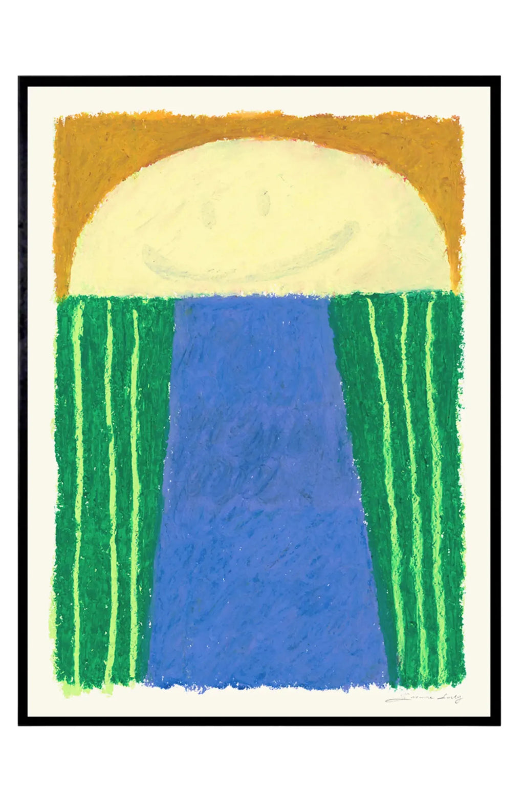 The Poster Club Giggly Gills, a vibrant abstract art print featuring a playful, naive art style with a stylized figure rendered in rich oil pastel textures. It showcases a pale yellow face with a simple smile, golden yellow arched hair, a vibrant blue body, and bright green vertical stripes, all set against a cream background.