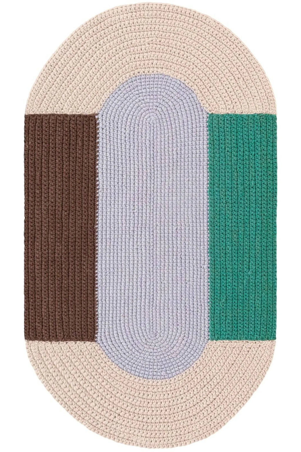 GAN Rugs Mono Blue Rug, an oval hand-crocheted cotton rug featuring a chunky, soft texture and a modern color block design.