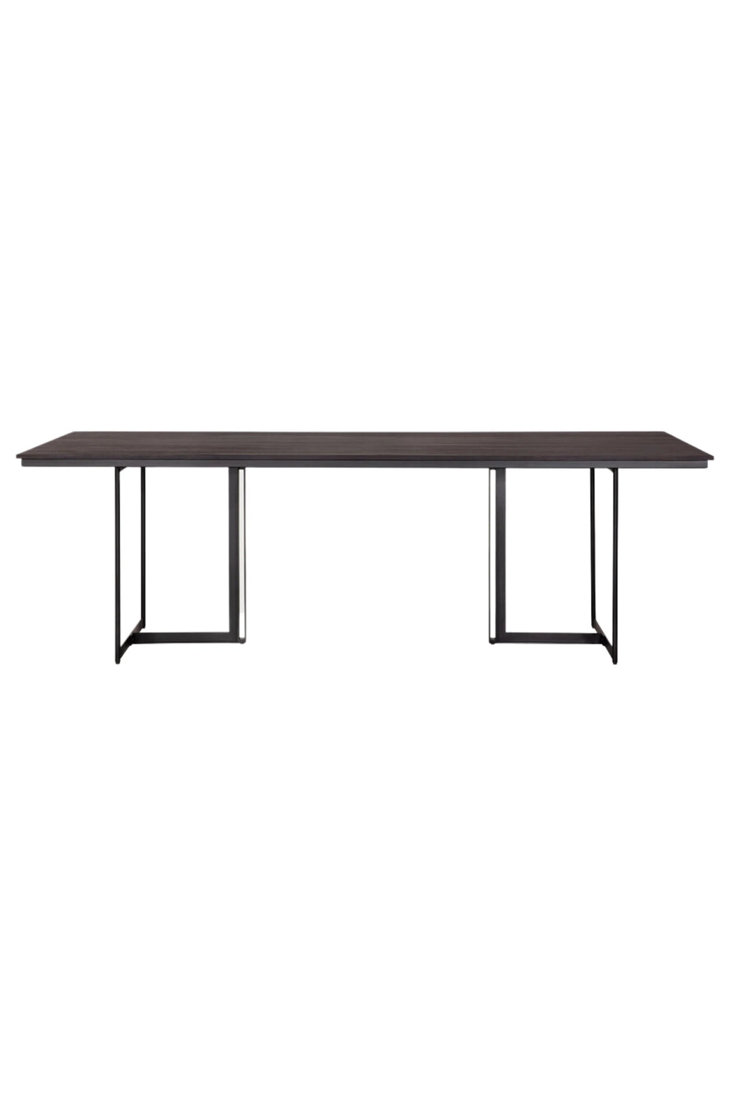 Ethnicraft Tacet Dining Table, a sleek modern minimalist dining table featuring a long, rectangular dark wood top with a smooth, rich finish and two matte black metal U-shaped bases. This contemporary industrial chic dining table is perfect for sophisticated dining rooms or open-plan living spaces.