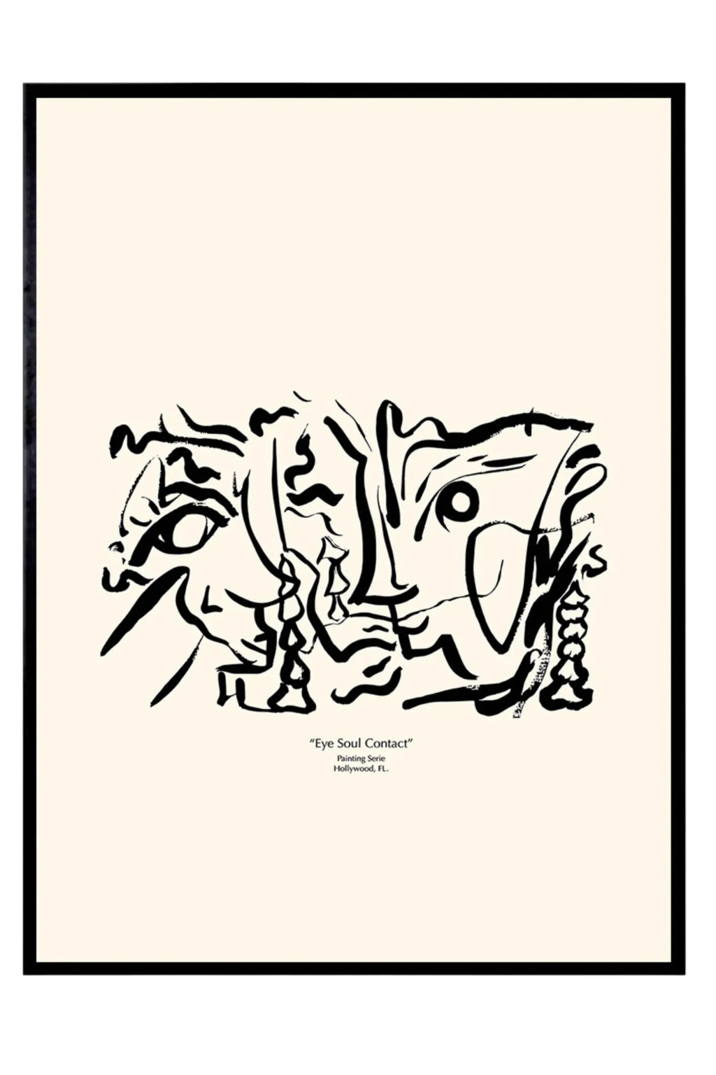 The Poster Club Soul Contact 02, an abstract line art print titled "Eye Soul Contact" featuring bold, expressive black brushstrokes forming abstract faces and figures on a warm cream background, presented in a sleek matte black frame. This minimalist contemporary wall art is perfect for modern gallery walls, Scandinavian living rooms, or creative home office decor.