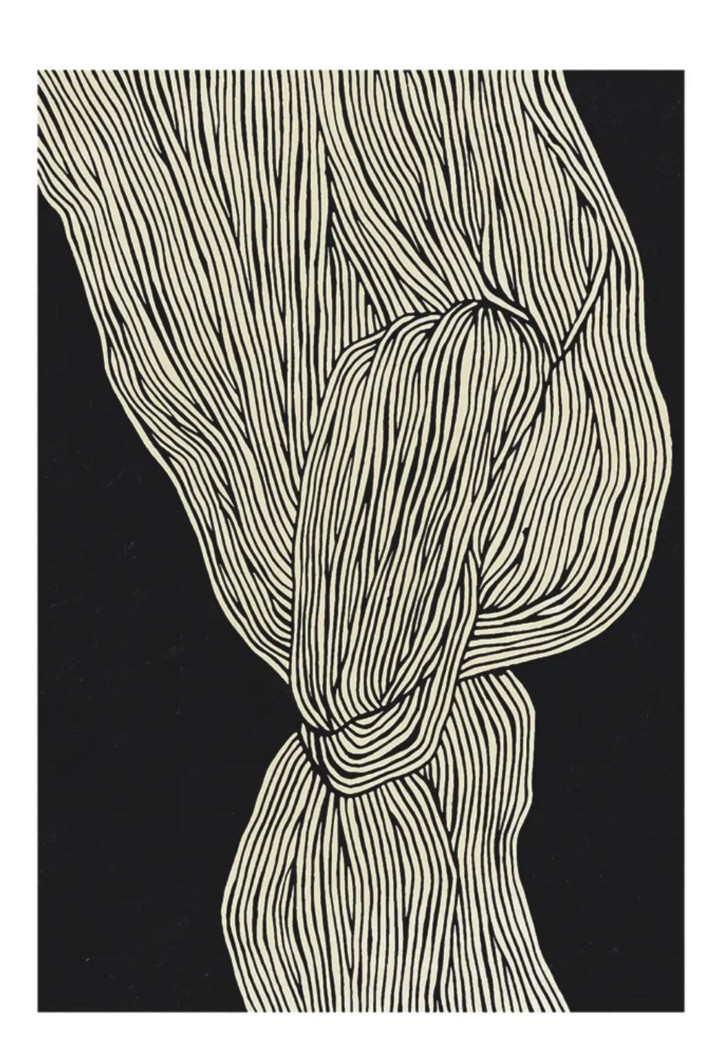The Poster Club The Line No 12, an abstract art print featuring dense, flowing cream-colored lines against a deep black background. The hand-drawn lines create an organic, knotted form with a tactile visual texture and dynamic movement, evoking a modern minimalist aesthetic. Perfect as contemporary wall art for a Scandinavian living room, organic modern bedroom, or a striking addition to a gallery wall.