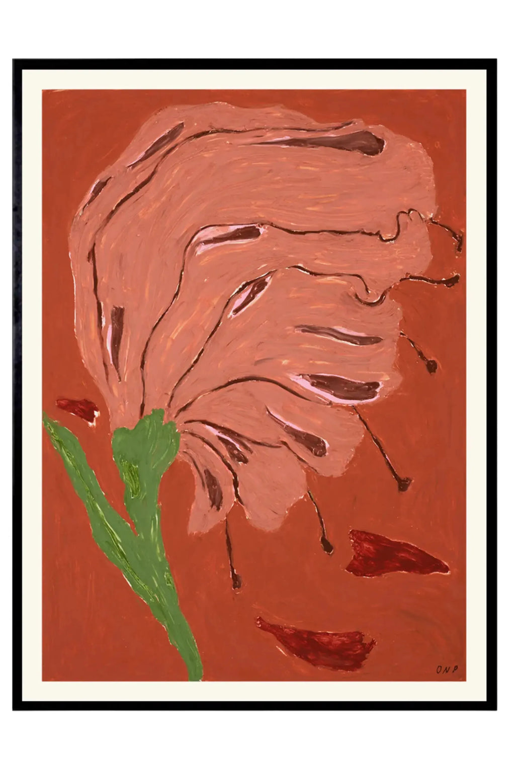 The Poster Club Kære Barn, an abstract floral art print featuring an expressionistic flower in muted coral and dusty pink tones with dark brown accents, set against a warm terracotta background with a vibrant.