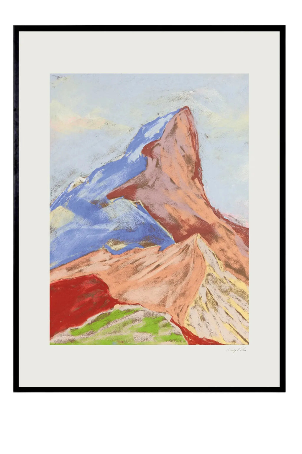 The Poster Club Cuillin Ridge IV, an abstract landscape art print depicting vibrant, expressionist mountains. It features rich terracotta, deep red, and cool blue hues with textural pastel strokes, contrasted by a lime green foreground and a light blue.