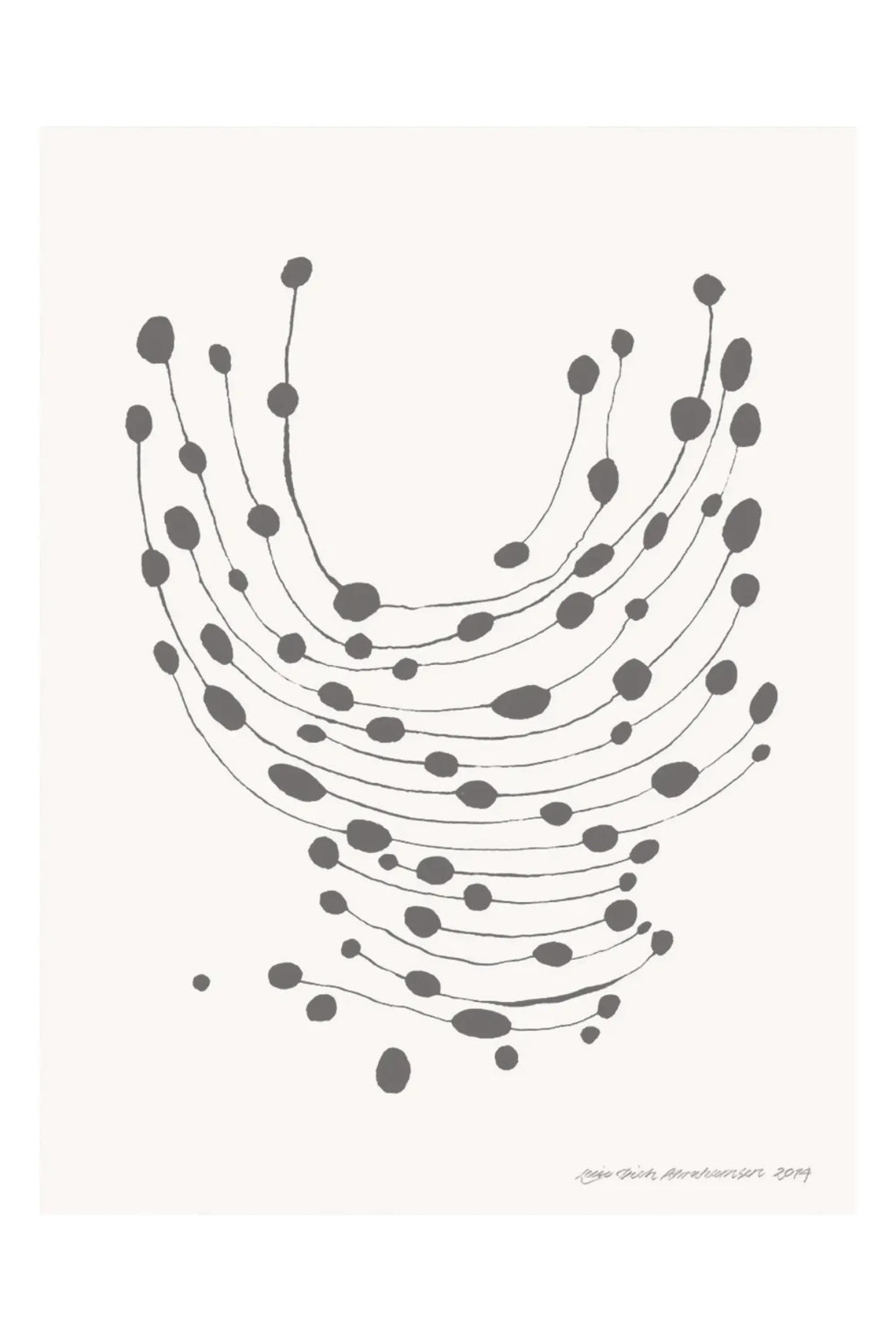 The Poster Club Dancing Dots, a minimalist abstract art print featuring an organic arrangement of hand-drawn dark gray dots connected by thin, flowing lines on a soft off-white background. This contemporary wall art piece offers a serene, Nordic aesthetic with its subtle visual texture and fluid composition. It's ideal for Scandinavian bedrooms, modern minimalist living rooms, or elegant gallery wall decor.