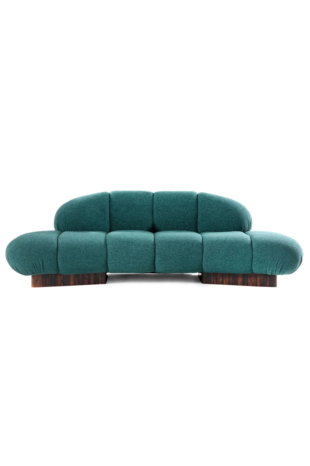 Hessentia Kiro Sofa, a striking organic modern sofa featuring a modular, curvilinear design upholstered in a deep teal green textured fabric with soft, pillowy segments. Its low-profile silhouette rests on a solid dark wood base, creating a sculptural and contemporary living room statement piece. Ideal for luxury interiors seeking a comfortable yet artistic focal point.