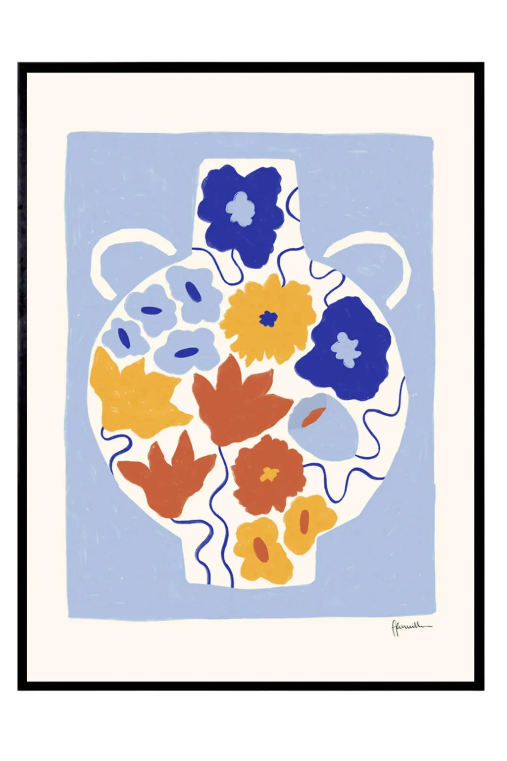 The Poster Club Flower Pot, a vibrant abstract floral art print featuring a cream-colored vase filled with playful, Matisse-inspired cut-out flowers in shades of dark blue, light blue, mustard yellow.