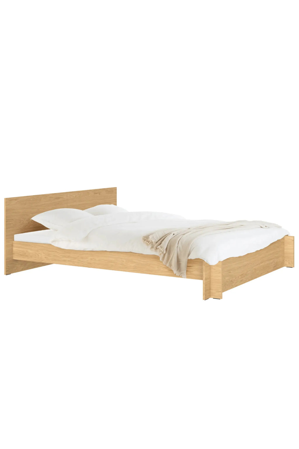 noo.ma Valt Bed, a modern minimalist platform bed crafted from natural light oak wood, featuring a wide, integrated headboard and a low-profile, sturdy frame with clean lines. This Scandinavian-inspired wooden bed frame offers a warm, organic aesthetic, perfect for contemporary bedrooms or Japandi-style interiors.