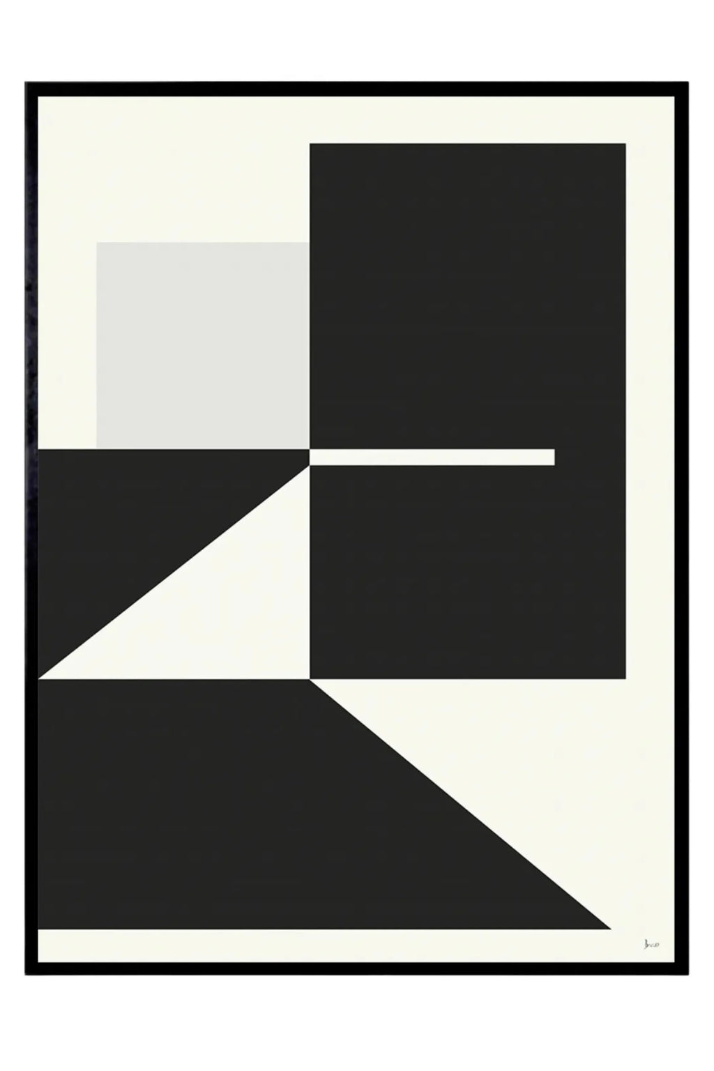 The Poster Club Composition 01, a bold minimalist abstract art print featuring sharp black geometric shapes and a subtle light grey rectangle against a creamy off-white background, accented by a crisp white horizontal line, all within a sleek black frame.