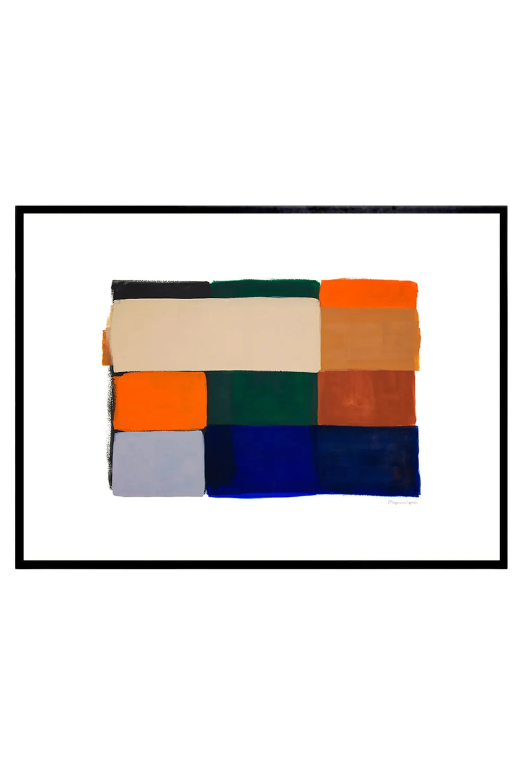 The Poster Club Colour Squares 01, a modern abstract art print featuring a grid of hand-painted color blocks in a rich palette including black, cream, dark green, burnt orange, brown, light blue, and deep navy, with visible brushstroke texture. This vibrant contemporary color block art print is expertly framed in a sleek black frame, highlighting its geometric design. Ideal as a focal point for a gallery wall or to add sophisticated color to a minimalist living room or home office.