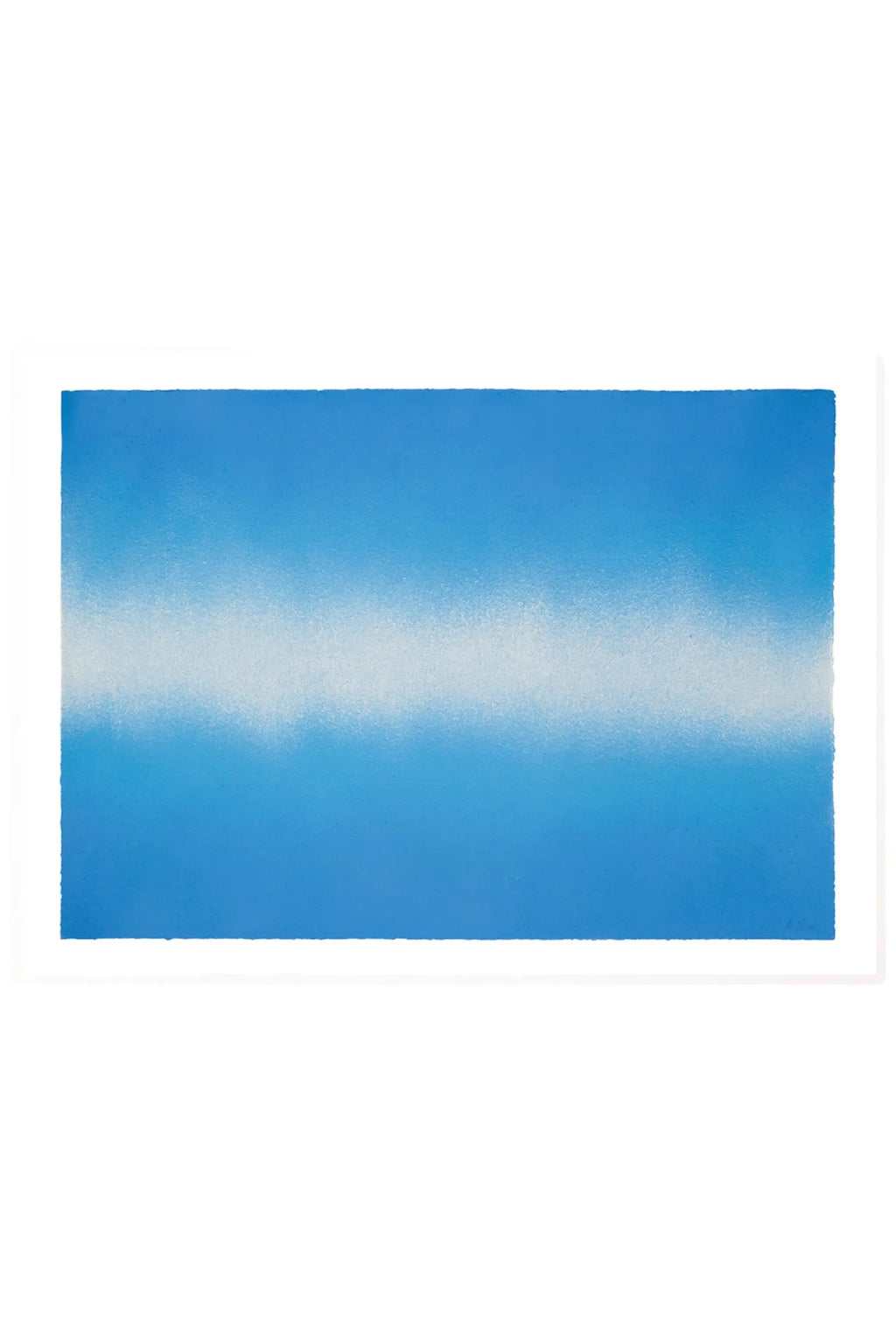 The Poster Club Blue Interstellar, an abstract art print featuring horizontal bands of vibrant blue with a textured central white and light blue mist effect, creating an ethereal and atmospheric design. This minimalist wall art piece is perfect for contemporary living rooms, serene bedrooms, or a modern gallery wall to add a touch of calm.