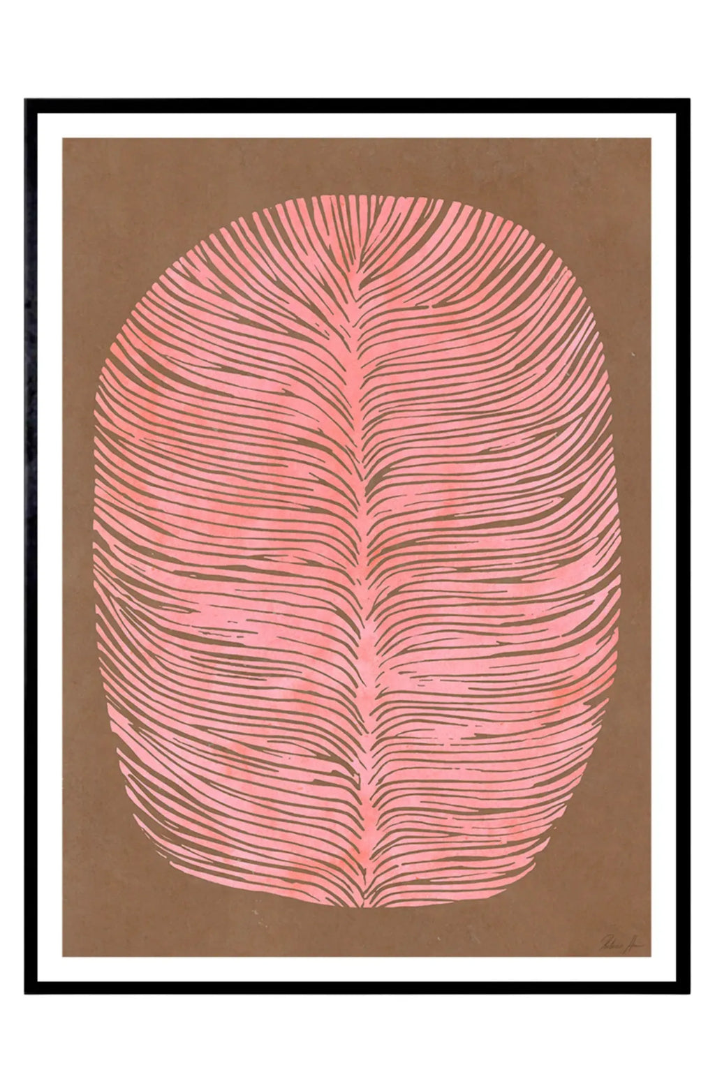 The Poster Club Pink Lagoon, an abstract art print featuring an organic rounded shape with delicate feather-like lines in muted coral pink, set against a rich dark brown background. This contemporary poster is presented with a crisp white mat and a sleek black frame. Ideal for minimalist gallery walls, Scandinavian bedrooms, or adding a touch of organic modern style to living rooms.