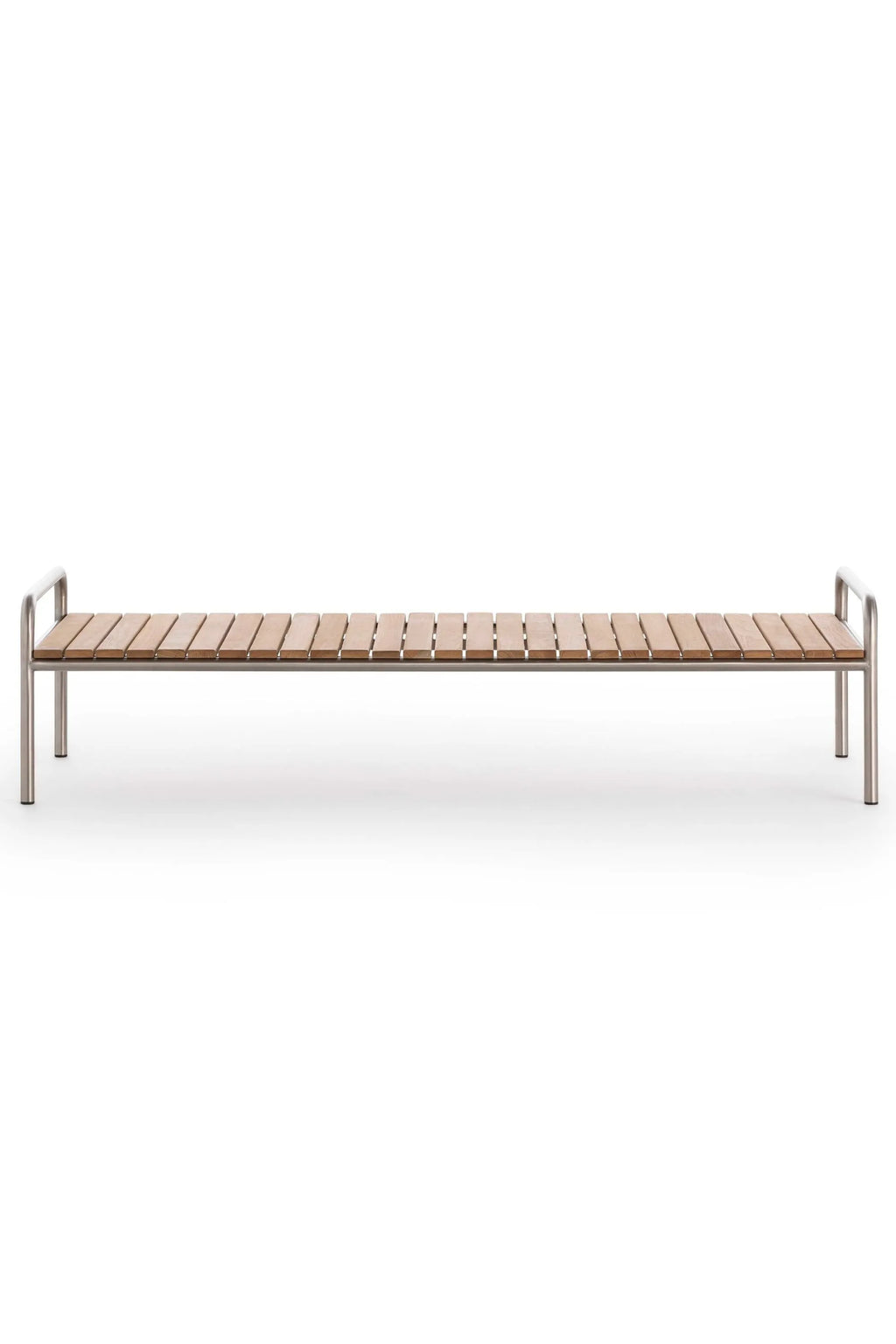 Gandia Blasco Onsen Coffee Table 153, a modern minimalist outdoor coffee table featuring a long rectangular top crafted from natural light wood slats set on a sleek brushed metal frame and legs.