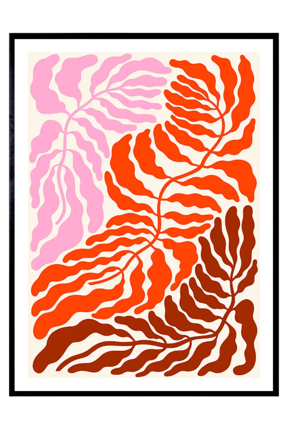 The Poster Club Triple 03, an abstract botanical art print featuring three clusters of organic, wavy leaf-like shapes in soft pink, vibrant orange, and deep reddish-brown against a creamy off.