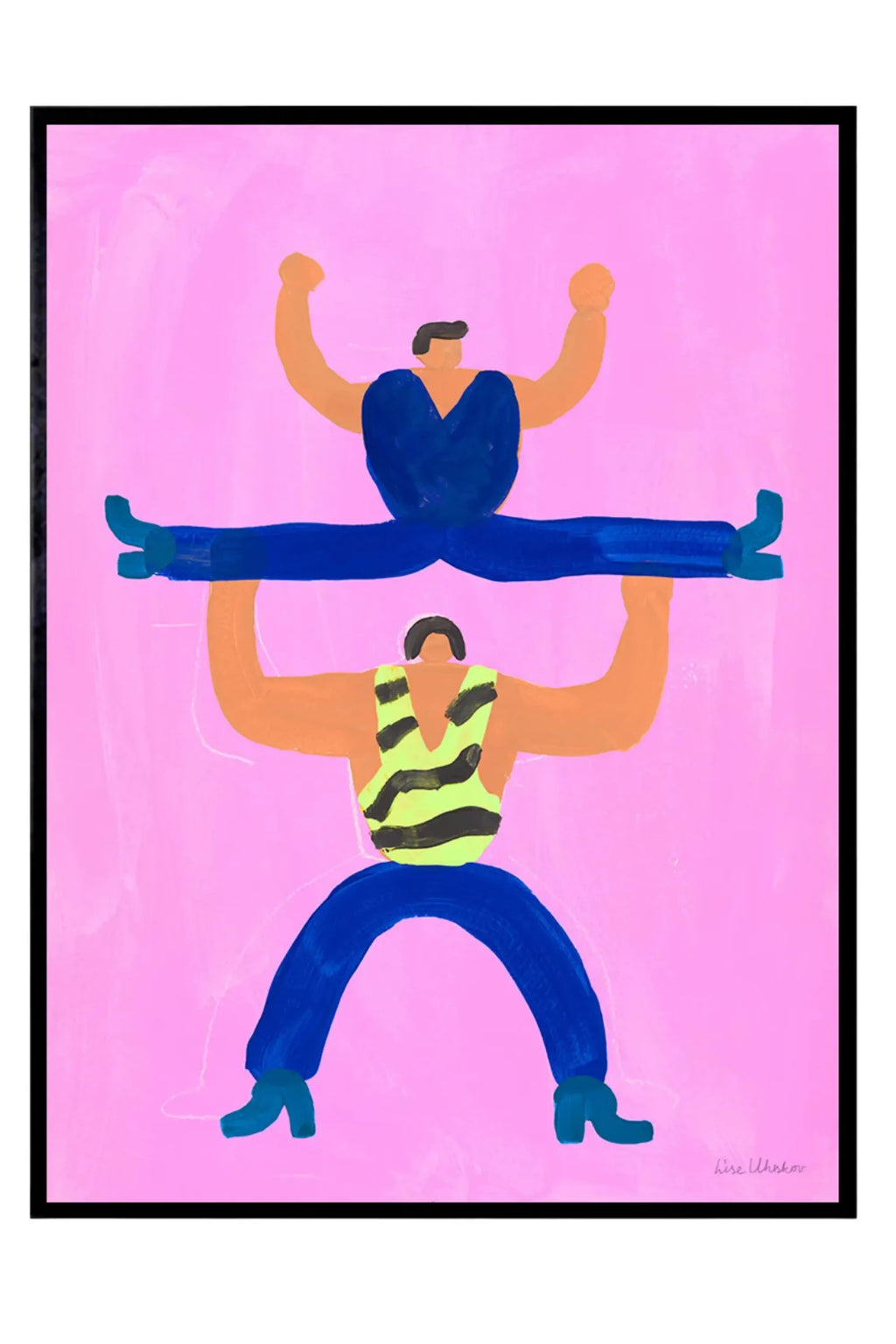 The Poster Club I will super carry You, a vibrant abstract art print by Lise Uhrskov featuring two stylized figures in a playful acrobatic pose against a bold pink background. The contemporary poster showcases painterly brushstrokes with figures in royal blue, warm orange, and a lime green and black striped top. Ideal as colorful modern wall art for a living room, bedroom, or gallery wall, adding a touch of graphic charm to any contemporary space.