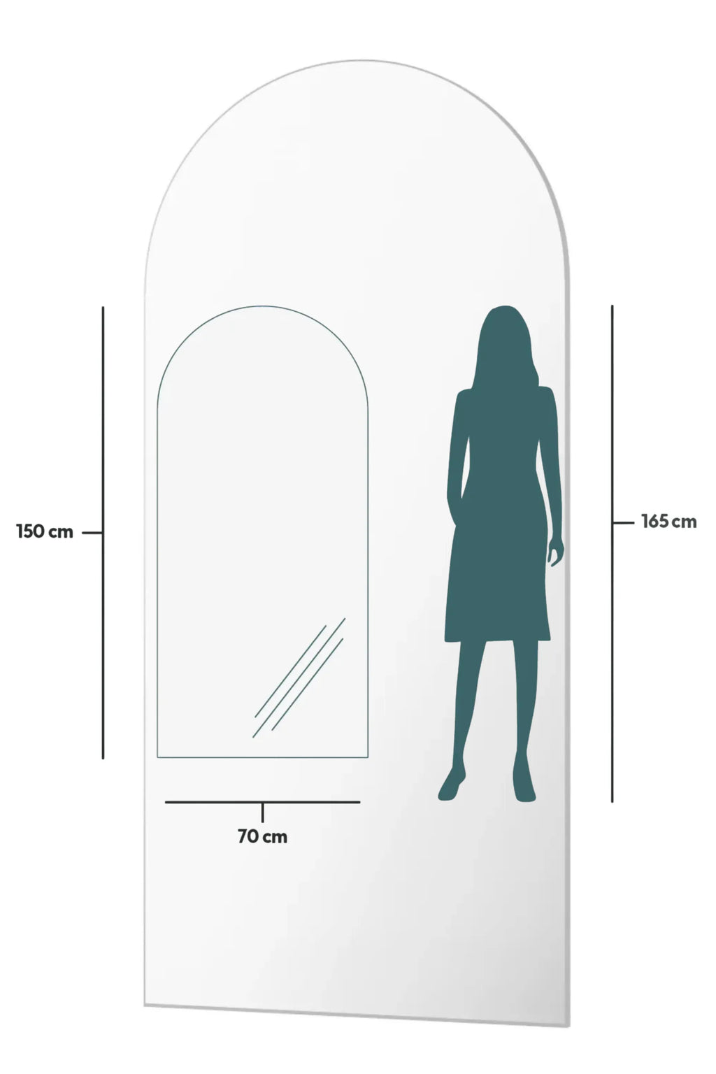 TCL Studios Arc Full Length Mirror, a modern minimalist floor mirror featuring a clear reflective glass surface with an elegant arched silhouette and a sleek, frameless design.