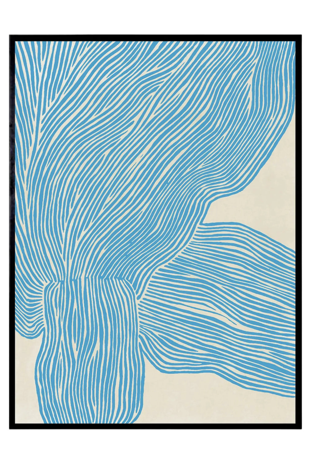 The Poster Club The Line – Blue, a captivating modern minimalist art print showcasing flowing, hand-drawn cerulean blue lines that form an organic, wave-like abstract pattern on a soft cream background.