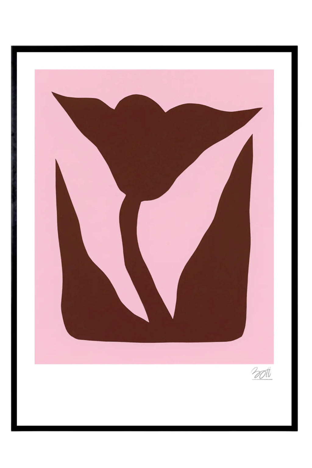 The Poster Club Mountain Lily, a minimalist abstract botanical art print featuring a stylized deep terracotta flower silhouette and leaves against a soft blush pink background. It is presented with a crisp white mat and a sleek matte black frame, enhancing its contemporary appeal. Perfect for adding organic modern wall art to Scandinavian living rooms, minimalist bedrooms, or a curated gallery wall.