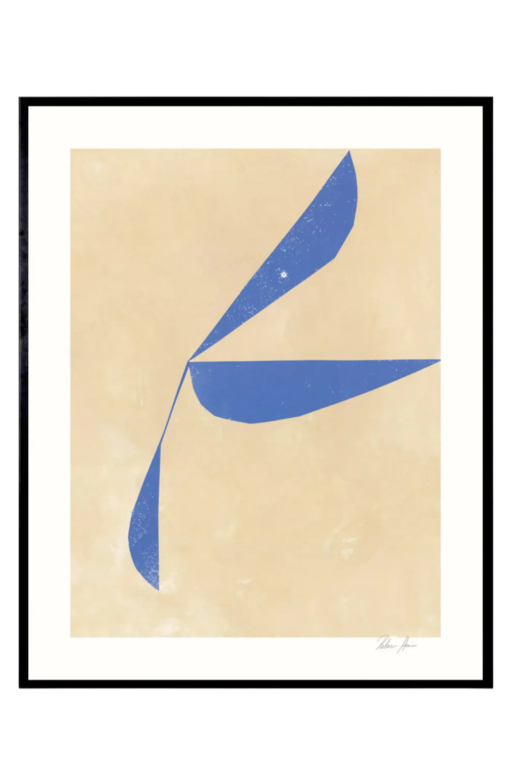 The Poster Club Move no. 04, an abstract art print featuring two bold, organic cobalt blue shapes with a distressed texture, set against a warm, sandy beige background with subtle brushstroke details. This contemporary wall art is elegantly framed in a sleek black frame with a crisp white mat, offering a minimalist aesthetic. Perfect for modern living rooms, Scandinavian bedrooms, or adding a pop of color to a curated gallery wall.