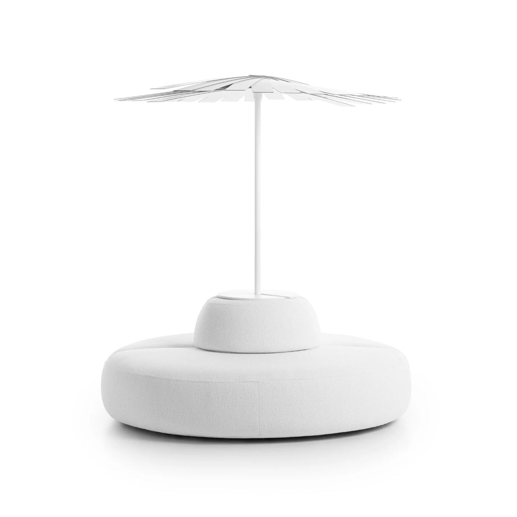 Gandia Blasco Ensombra Folding Parasol with Seating, a striking all-white modern outdoor parasol featuring a layered, petal-like white metal canopy and a plush, round upholstered seating base in a soft textured fabric. This sculptural outdoor lounge furniture piece offers integrated shade and comfortable seating for contemporary patios, gardens, or poolside areas.