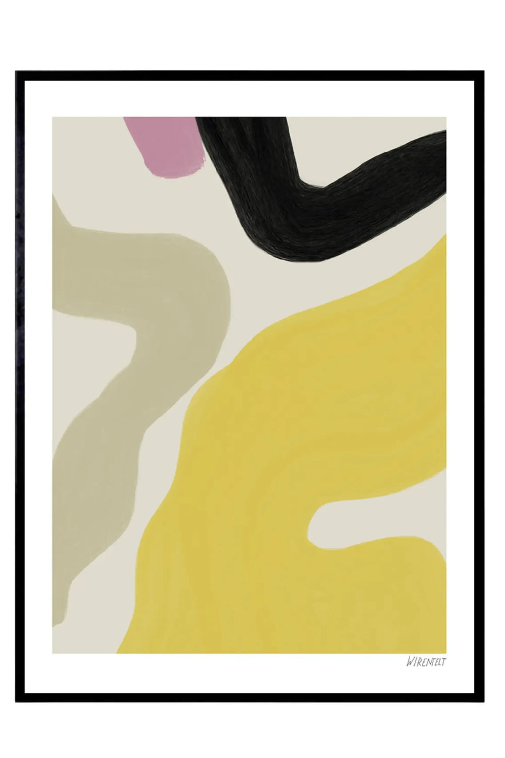 The Poster Club Solero, a contemporary abstract art print featuring bold organic shapes in sunshine yellow, textured black, soft pink, and muted beige against an off-white background, signed by WIRENFELT. This modern minimalist poster is framed in sleek black and ideal as gallery wall art or a vibrant statement piece for living rooms and home offices.